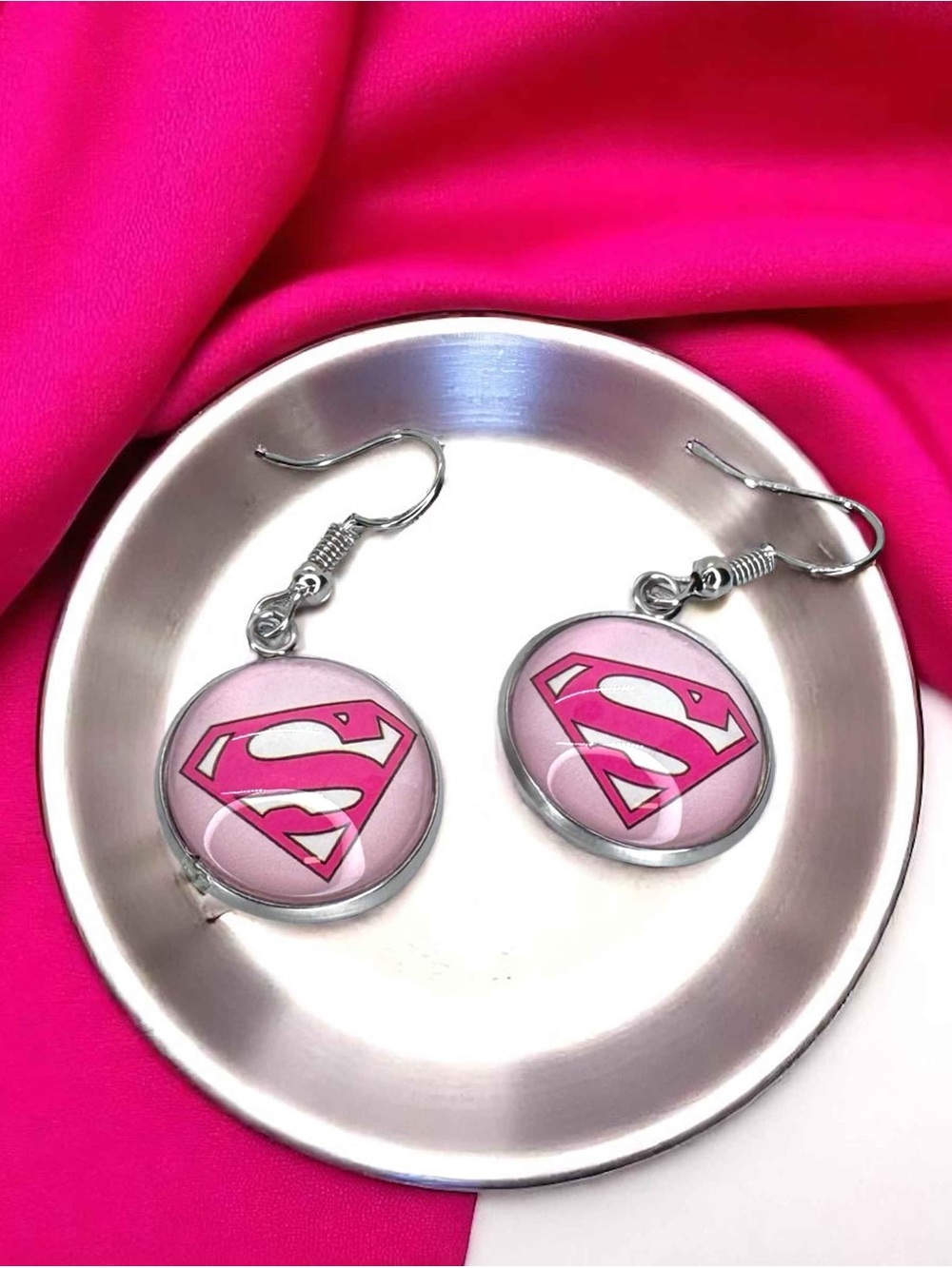 Breast Cancer Awareness Pink Superhero S Dangle Earrings NWT Pink Ribbon